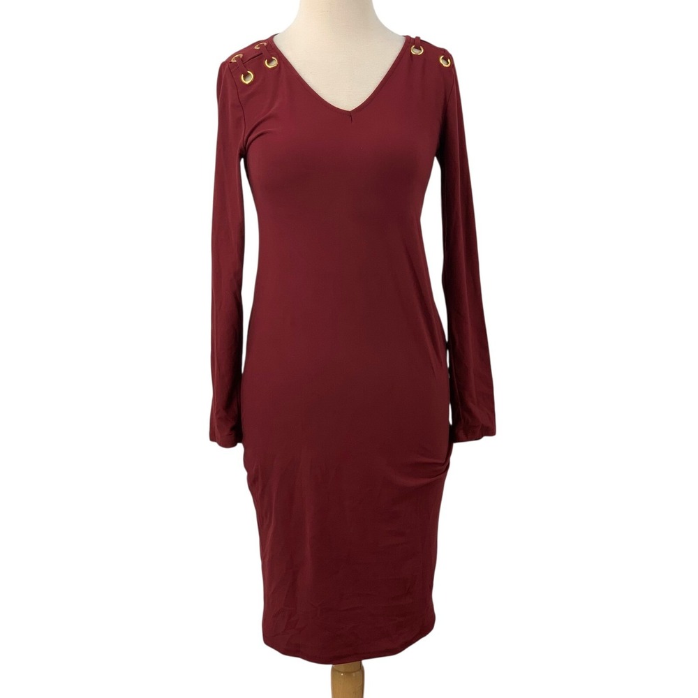 Derek Heart Long‎ Sleeve Burgundy Bodycon Dress V-Neck Lace Up Gold Grommet Sz M